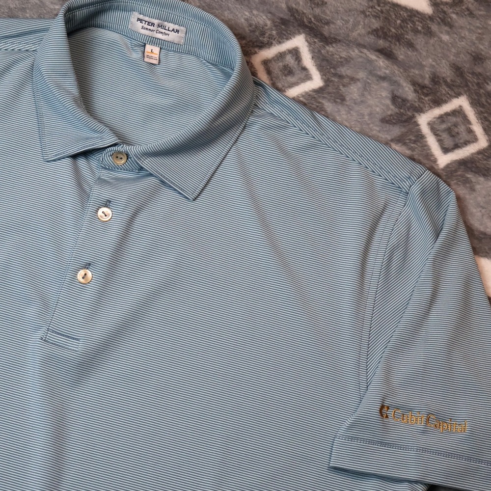 Peter Millar Summer Comfort Polo Shirt Mens L Blue Stripe Company Logo